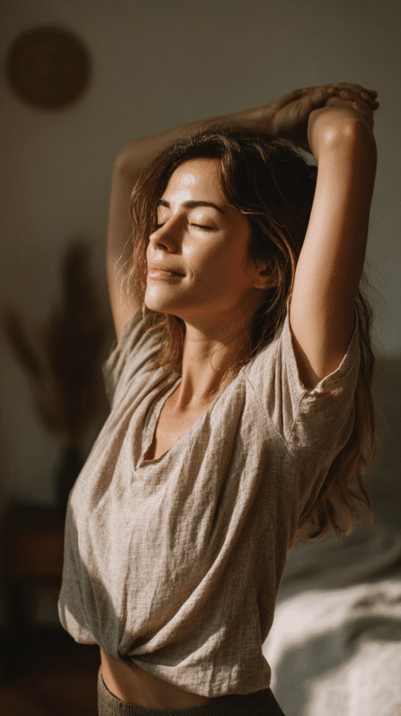 a woman stretches her arms over her head in the early morning light