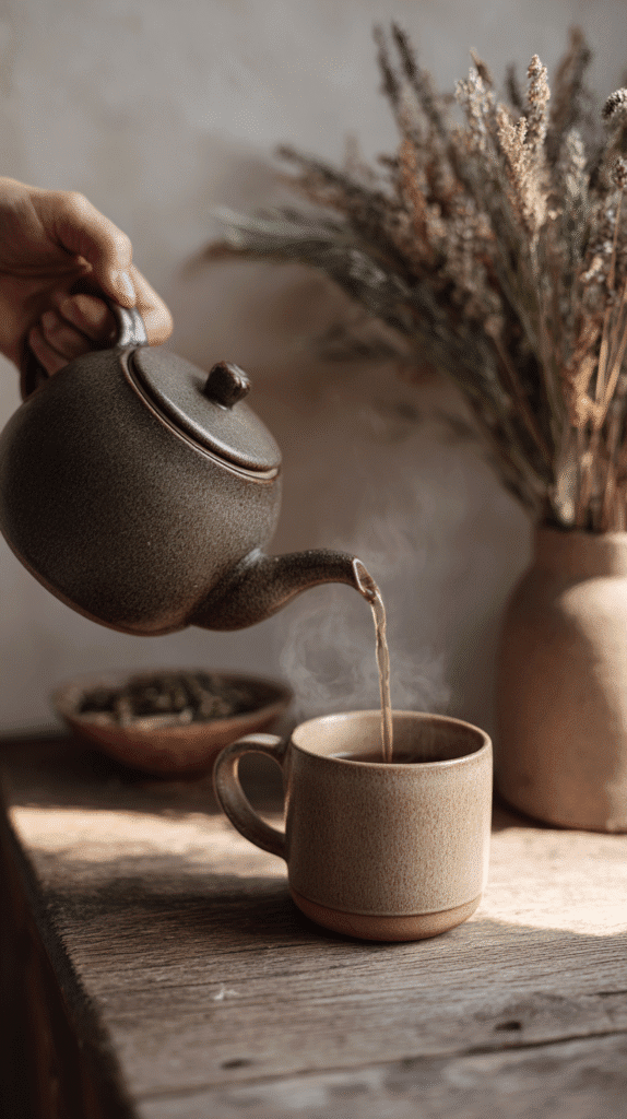 a ceramic mug of tea pouring tea into a mug