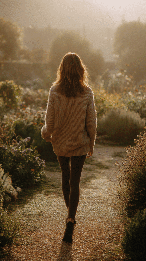 a woman walks on a path in a garden in the morning light