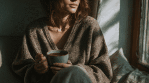 a woman sits wrapped in a wool blanket with a mug of tea in the fall morning light