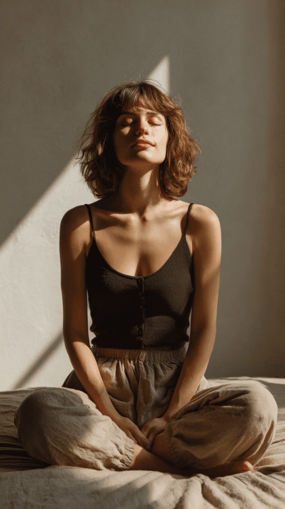 a woman does breathwork in the morning light
