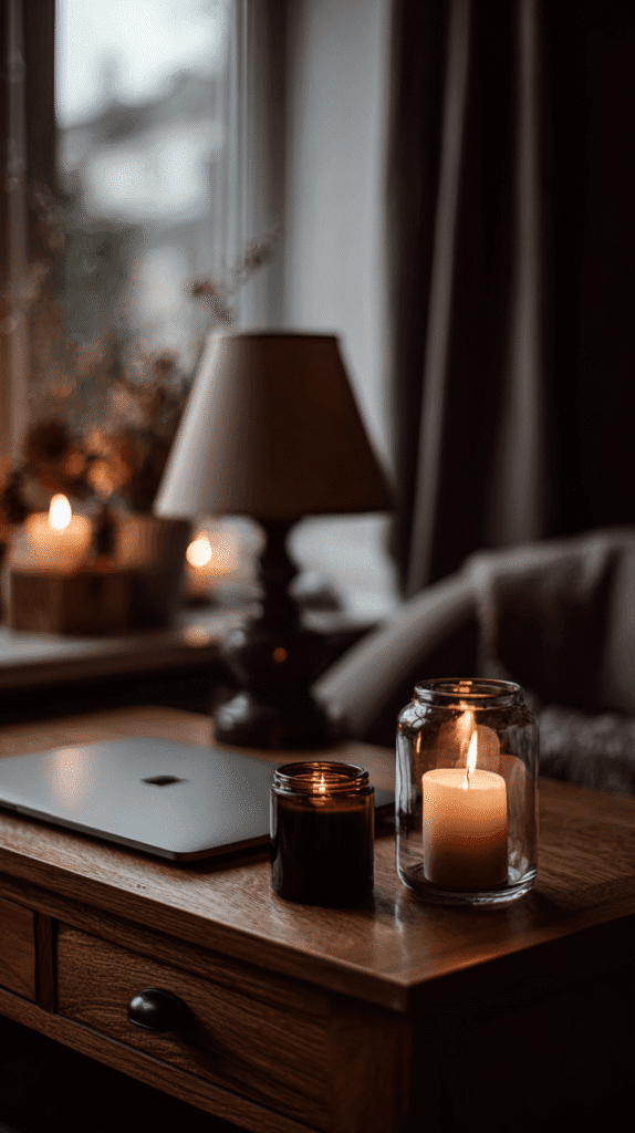 a desk with closed laptop and candles burning in low light