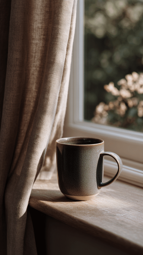 a mug of tea sits on a windowsill in the morning light