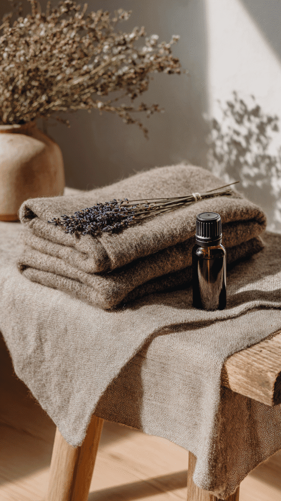wool blankets, lavender and an essential oil bottle on a wooden bench