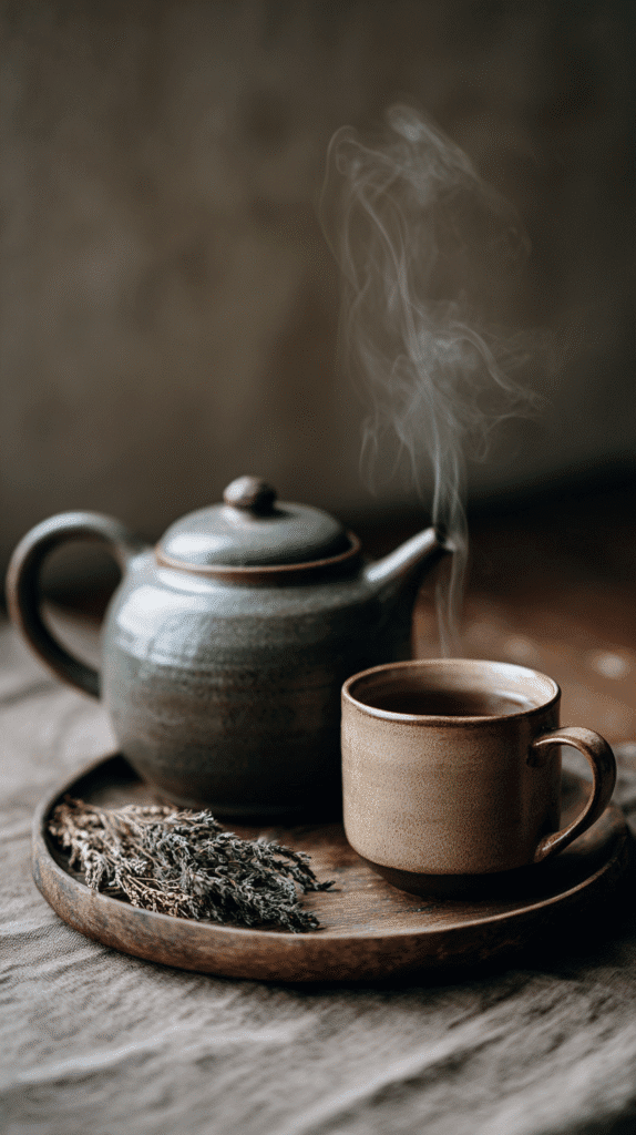 a teapot and mug on a wooden tray