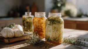 jars of preserved cabbage and vegetables on a kitchen counter