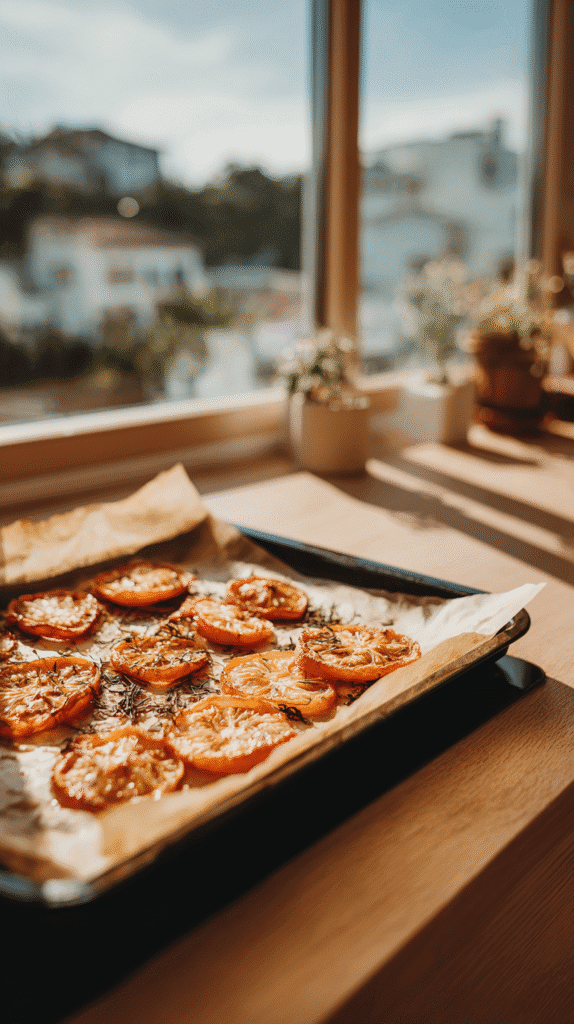 tomato slices dehydrated on a sheet pan in an apartment kitchen