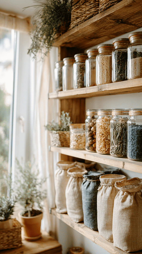 pantry shelves of jars of staples