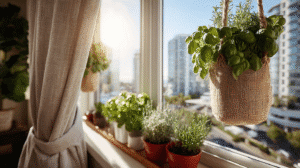 an indoor herb garden on a windowsill in an urban apartment