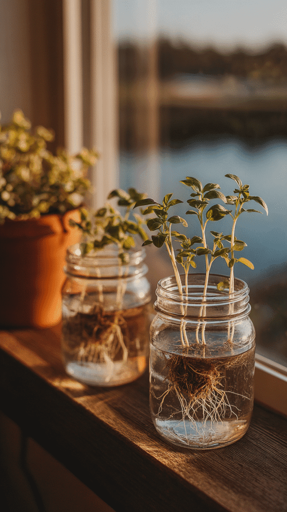 jars of herb cuttings taking root on a windowsill