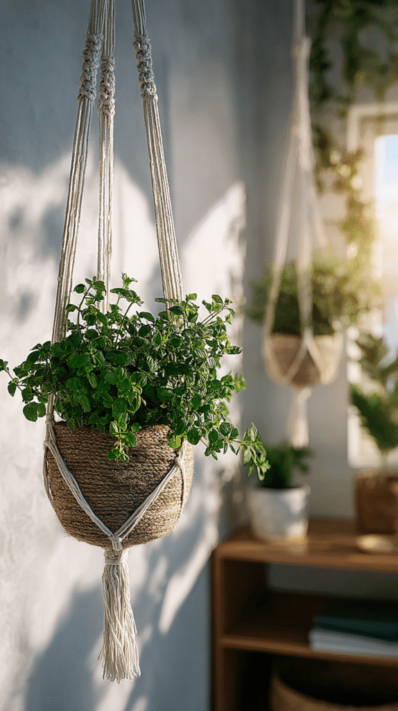 hanging baskets of herbs in a sunny apartment corner