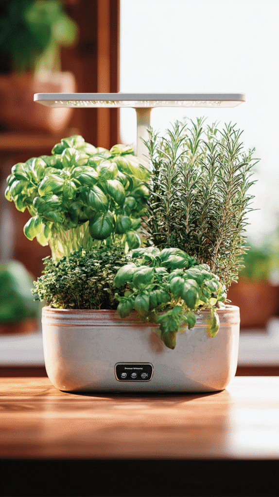 a hydroponic herb growing garden on a kitchen coutnertop