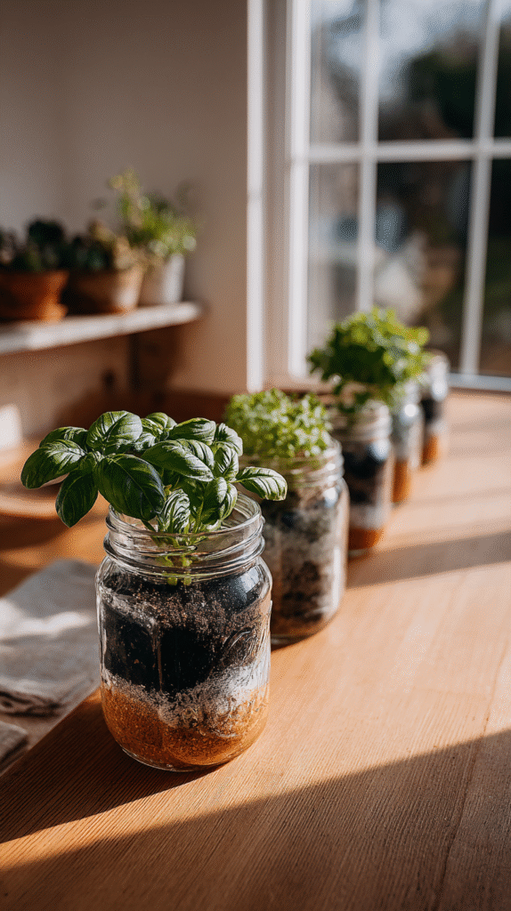 a row of herbs growing in mason jars on a sunny kitchen counter