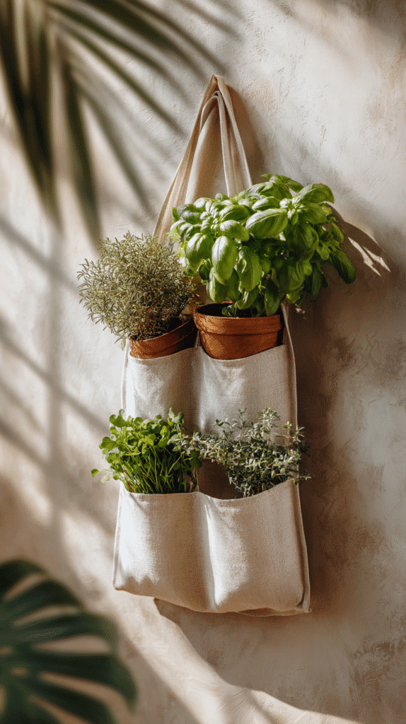 a canvas shoe organizer herb garden on a wall