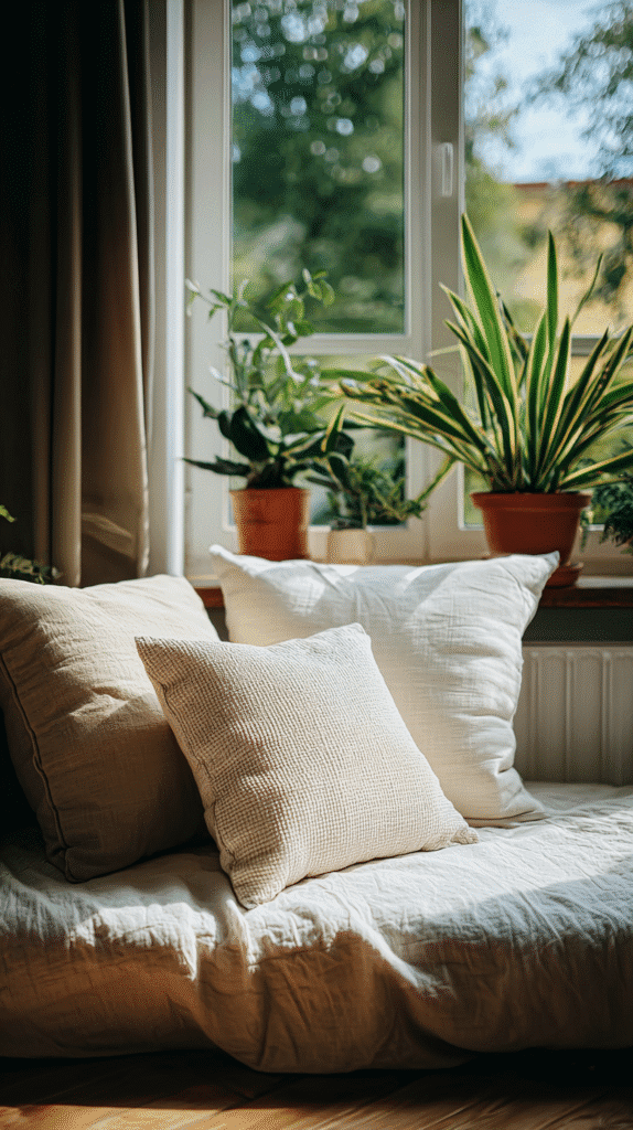 nervous-system-sanctuary-corner a cozy sanctuary corner with pillows and plants next to a window