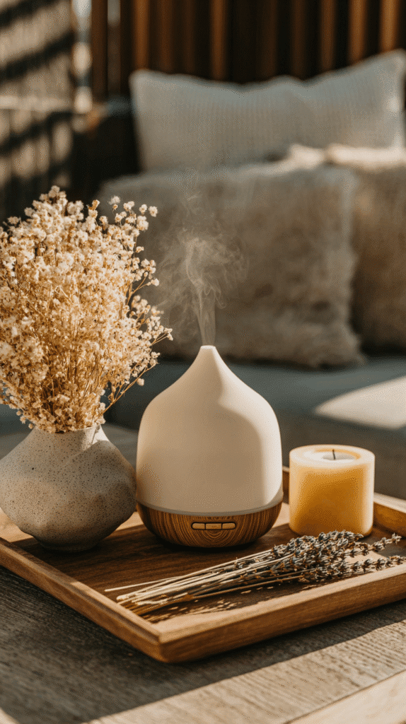 nervous-system-sanctuary-diffuser an essential oil diffuser, candle and vase of dried flowers on a wooden tray