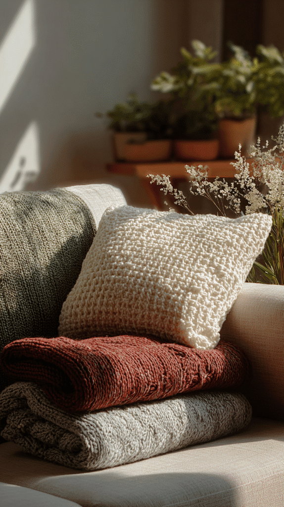 nervous-system-sanctuary-textures a cozy couch with throw blankets and wool pillow covers.