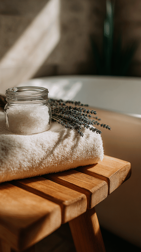 prepare-nervous-system-bath a towel, epsom salts and dried lavender next to a bathtub