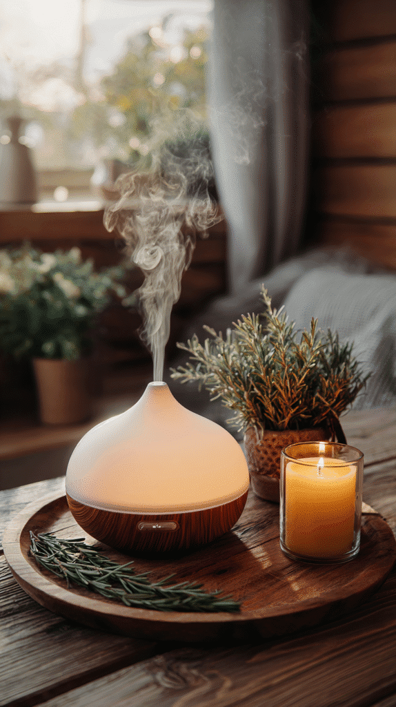prepare-nervous-system-diffuser an essential oil diffuser with a candle and vase of dried herbs on a wooden tray