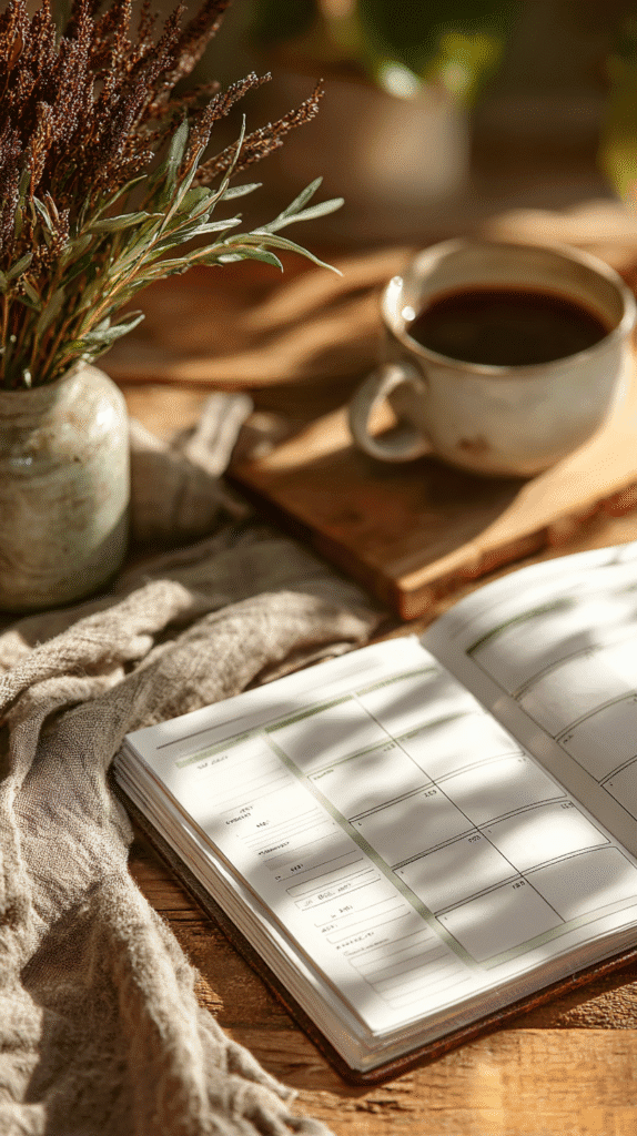prepare-nervous-system-planner a planner on a desk next to a mug of tea in the sunshine