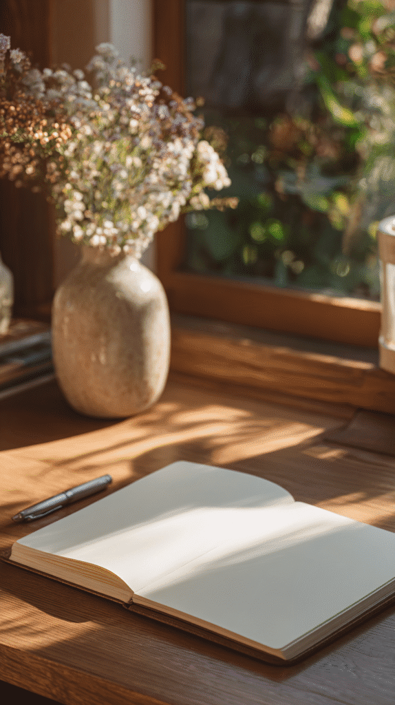 signs-nervous-system-reset-journal a journal lays open on a windowsill with a vase of dried flowers