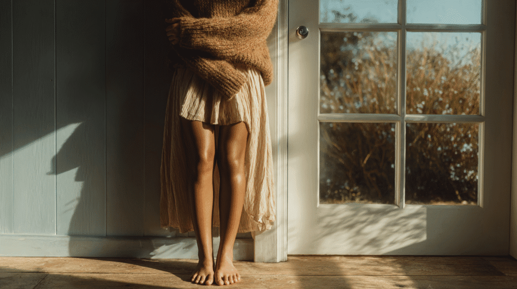 a woman stands hugging herself next to a door in the sunshine