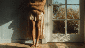 a woman stands hugging herself next to a door in the sunshine