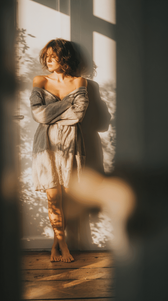signs-nervous-system-reset-woman-by-window a woman stands in the sunlight holding herself