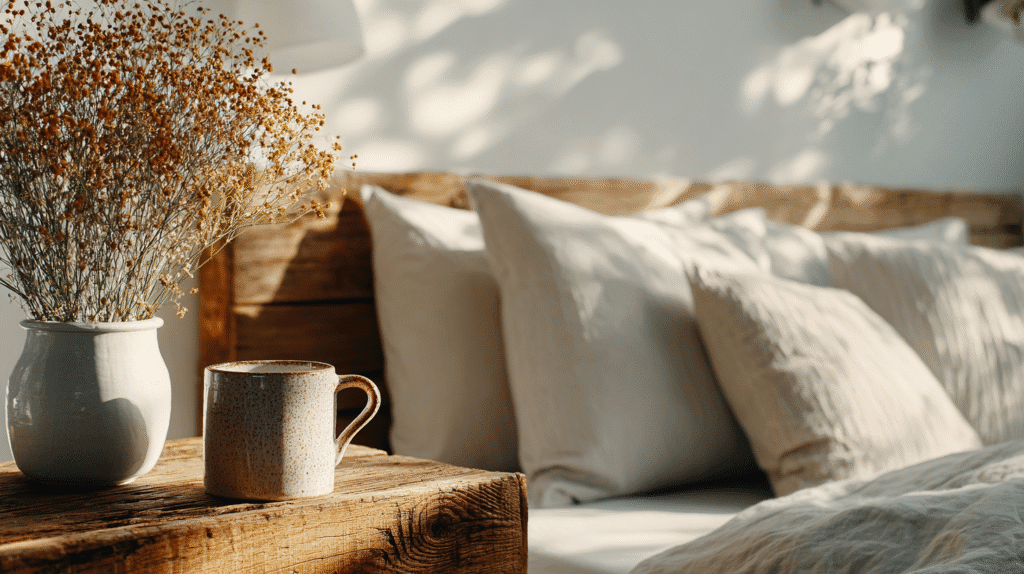 a bedroom with mug of tea and dried flowers on the bedside table