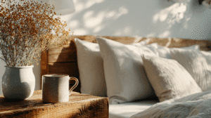 a bedroom with mug of tea and dried flowers on the bedside table