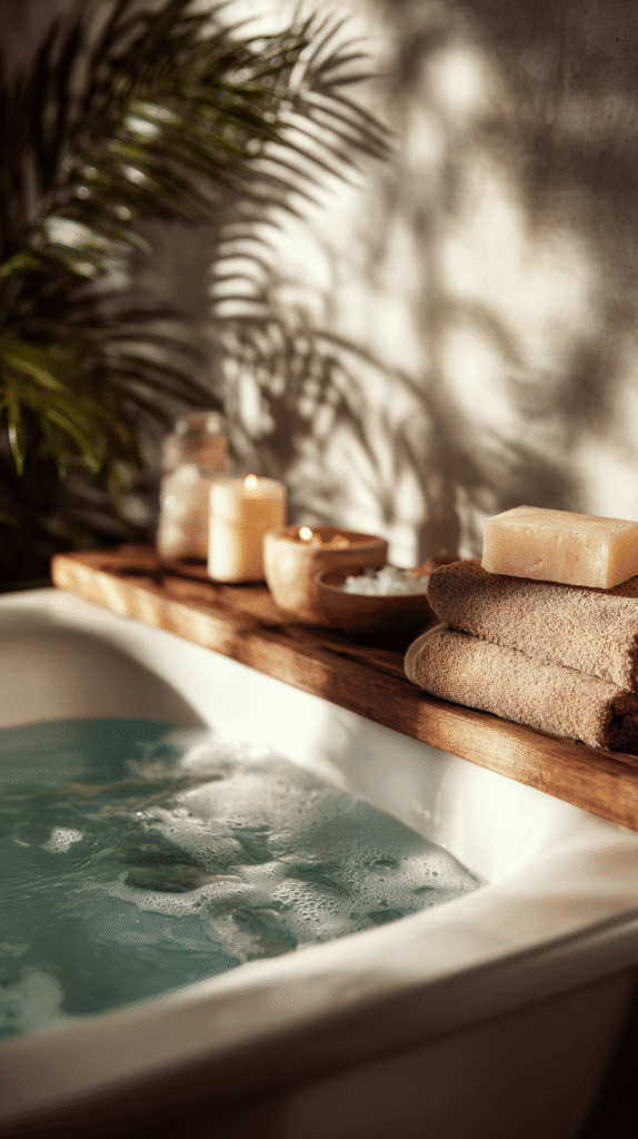 sunday-bedtime-rituals-bath a bath with towels and candles nearby