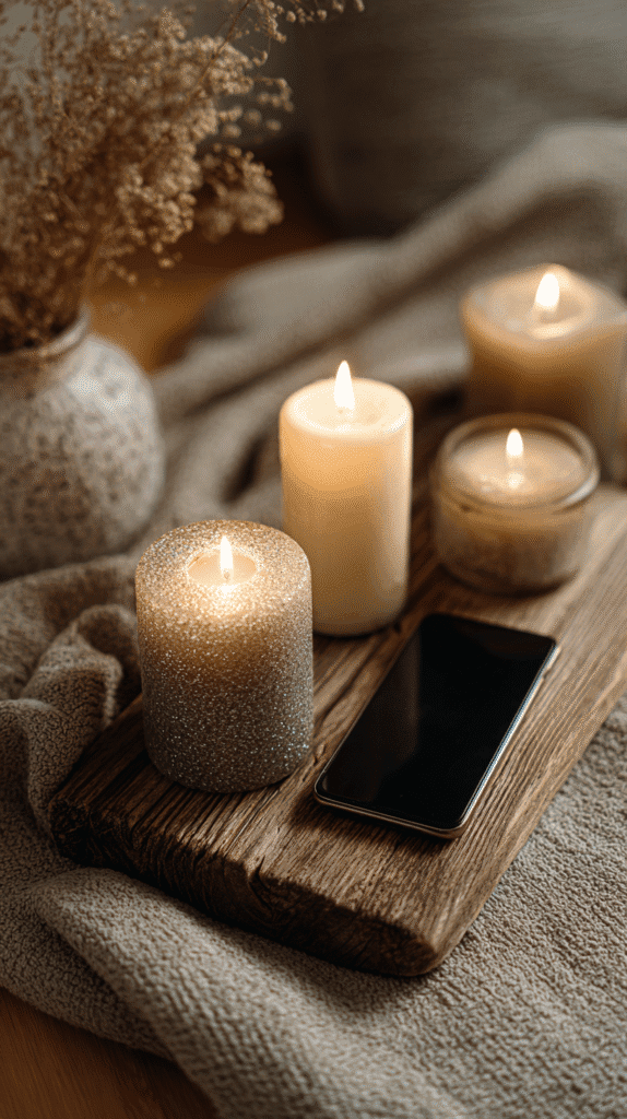 sunday-bedtime-rituals-digital-detox a phone turned off sitting next to candles on a wooden tray