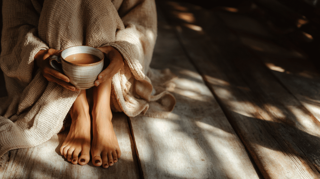 a woman sits barefoot on a wooden floor in the morning sunlight with a mug of tea