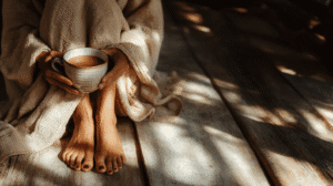 a woman sits barefoot on a wooden floor in the morning sunlight with a mug of tea