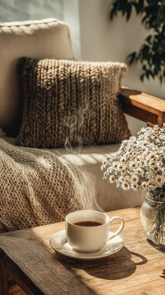 ultimate-sunday-reset-corner a cozy corner with a linen chair, pillow and tea on a wooden coffee table