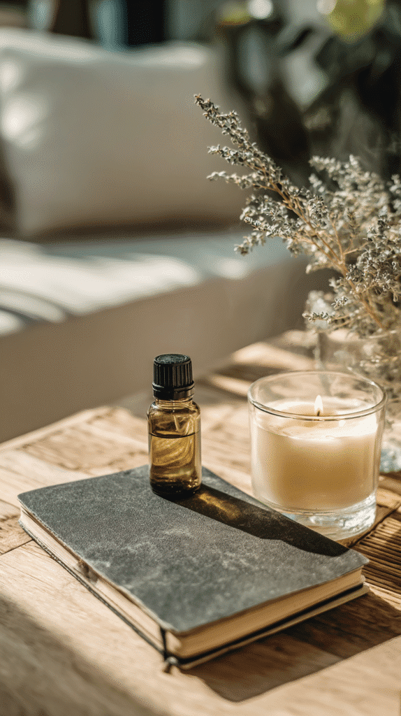 ultimate-sunday-reset-journal a planner next to a candle on a side table with a bottle of essential oil