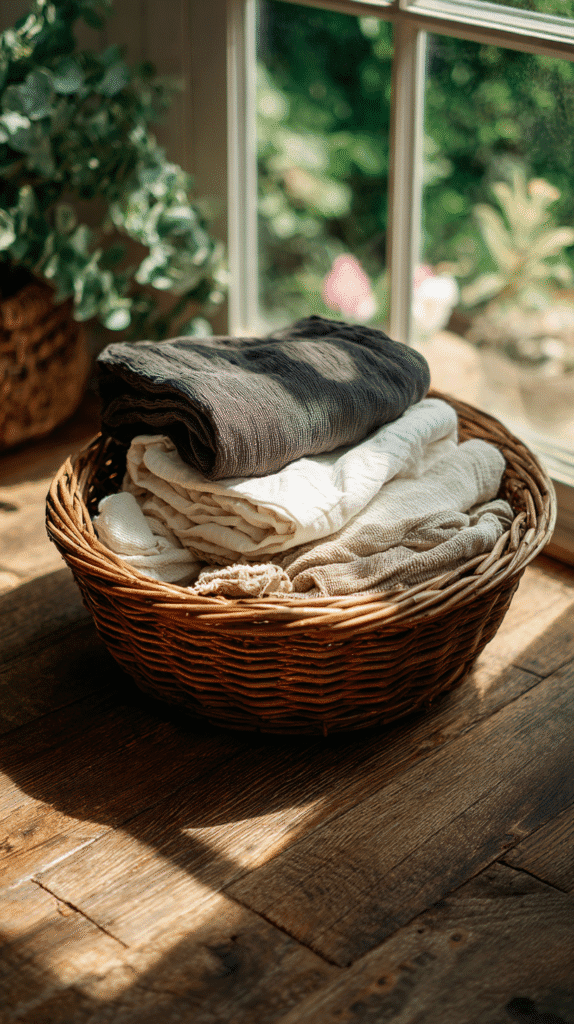 ultimate-sunday-reset-linens a basket of folded linen laundry on a sunny counter
