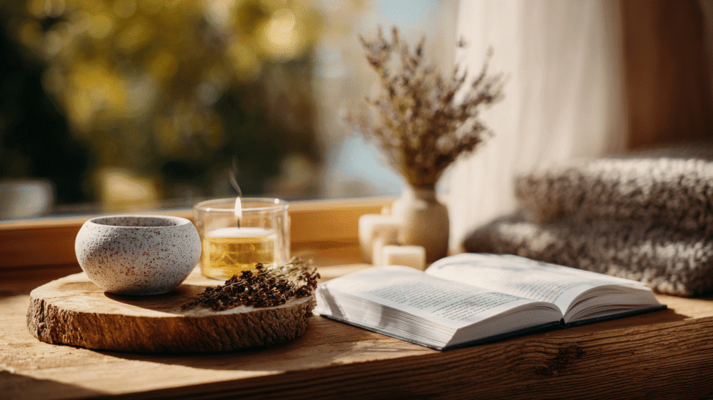 an open journal, candle and dried flowers on a rustic table in a living room