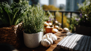 a balcony garden in fall with herbs and garlic bulbs