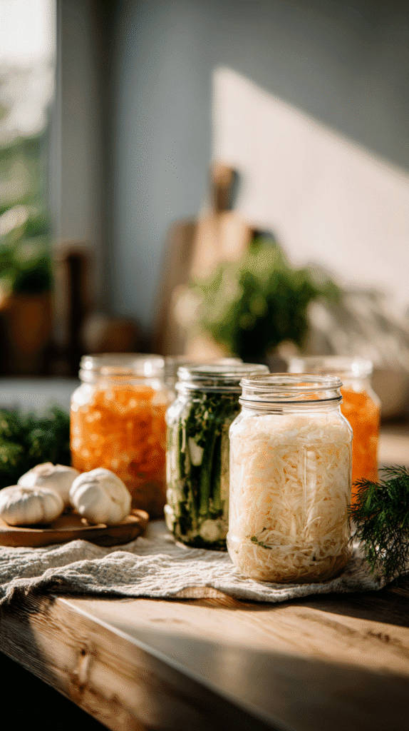 jars of fermenting vegetables on a kitchen counter