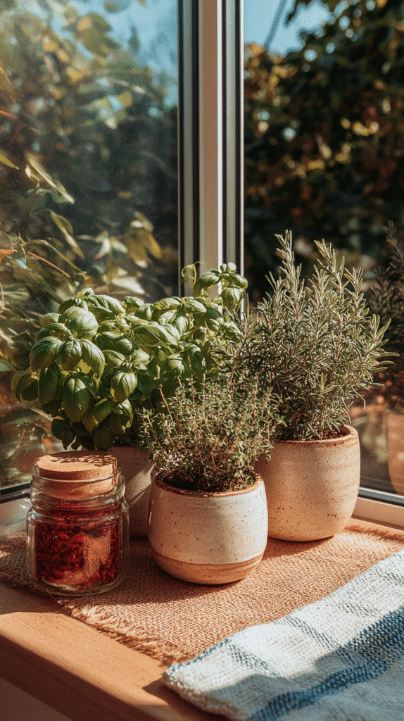 a group of potted herbs on a sunny fall windowsill