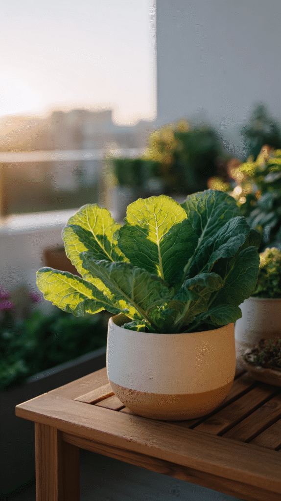 a pot of kale plant on a balcony table