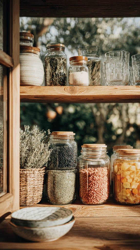 shelves of glass jars with pantry staples