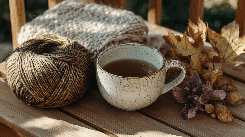 Cozy autumn scene with a cup of tea, knitted scarf, and yarn on a wooden table surrounded by fallen leaves.