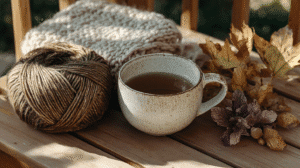 Cozy autumn scene with a cup of tea, knitted scarf, and yarn on a wooden table surrounded by fallen leaves.