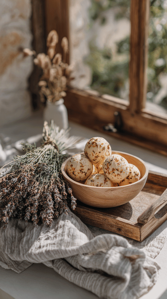 Rustic wooden bowl with homemade herbal bath bombs on linen cloth near lavender bouquet by sunny window.