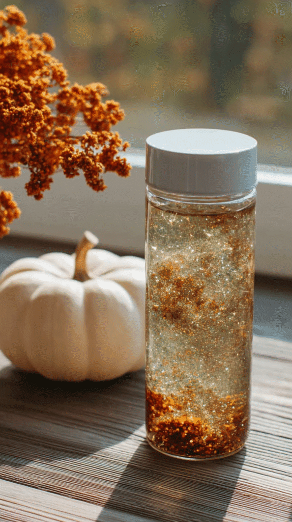 Glitter jar with autumn decor, featuring a white pumpkin and orange foliage on a sunny windowsill.