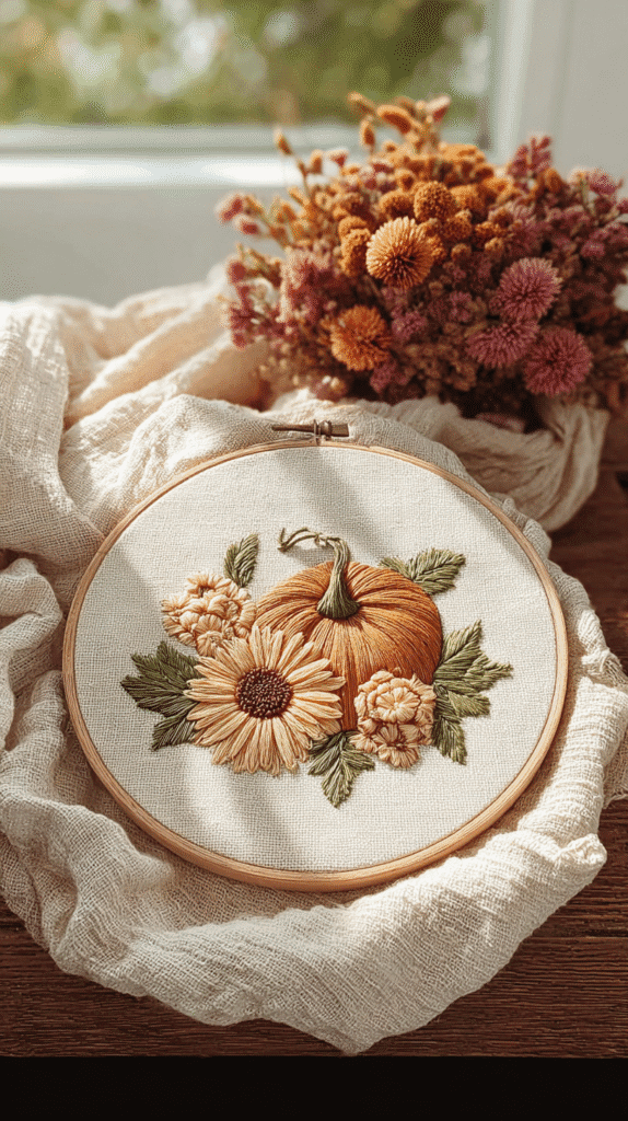Embroidery hoop with pumpkin and flowers on fabric, with dried floral bouquet in background, autumn decor theme.