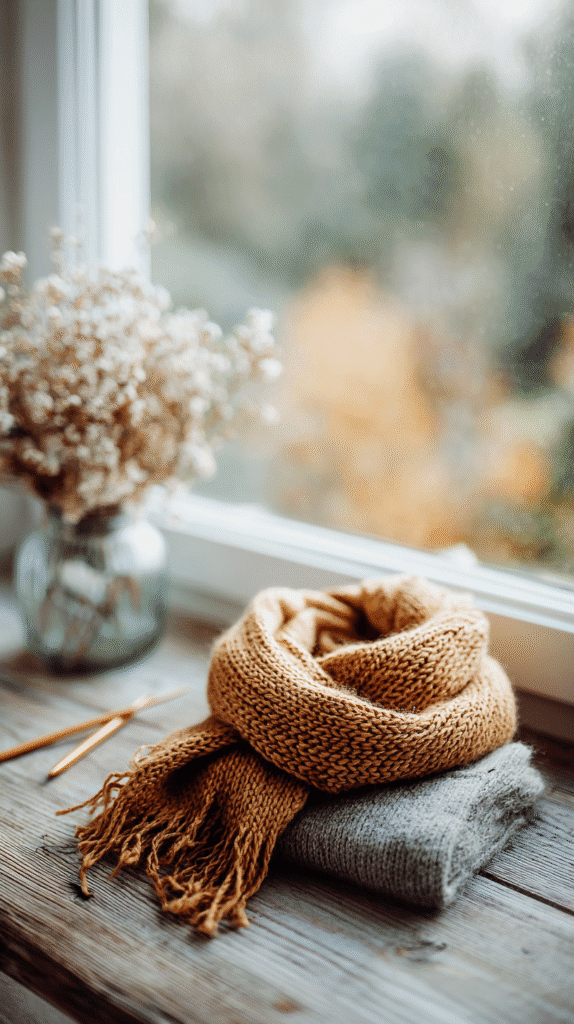 Cozy autumn scene: Knitted scarf, sweater on wooden table near window with dried flowers in vase.
