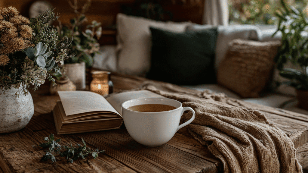 Cozy nook with a cup of tea, an open book, candlelight, and a textured blanket on a rustic wooden table.